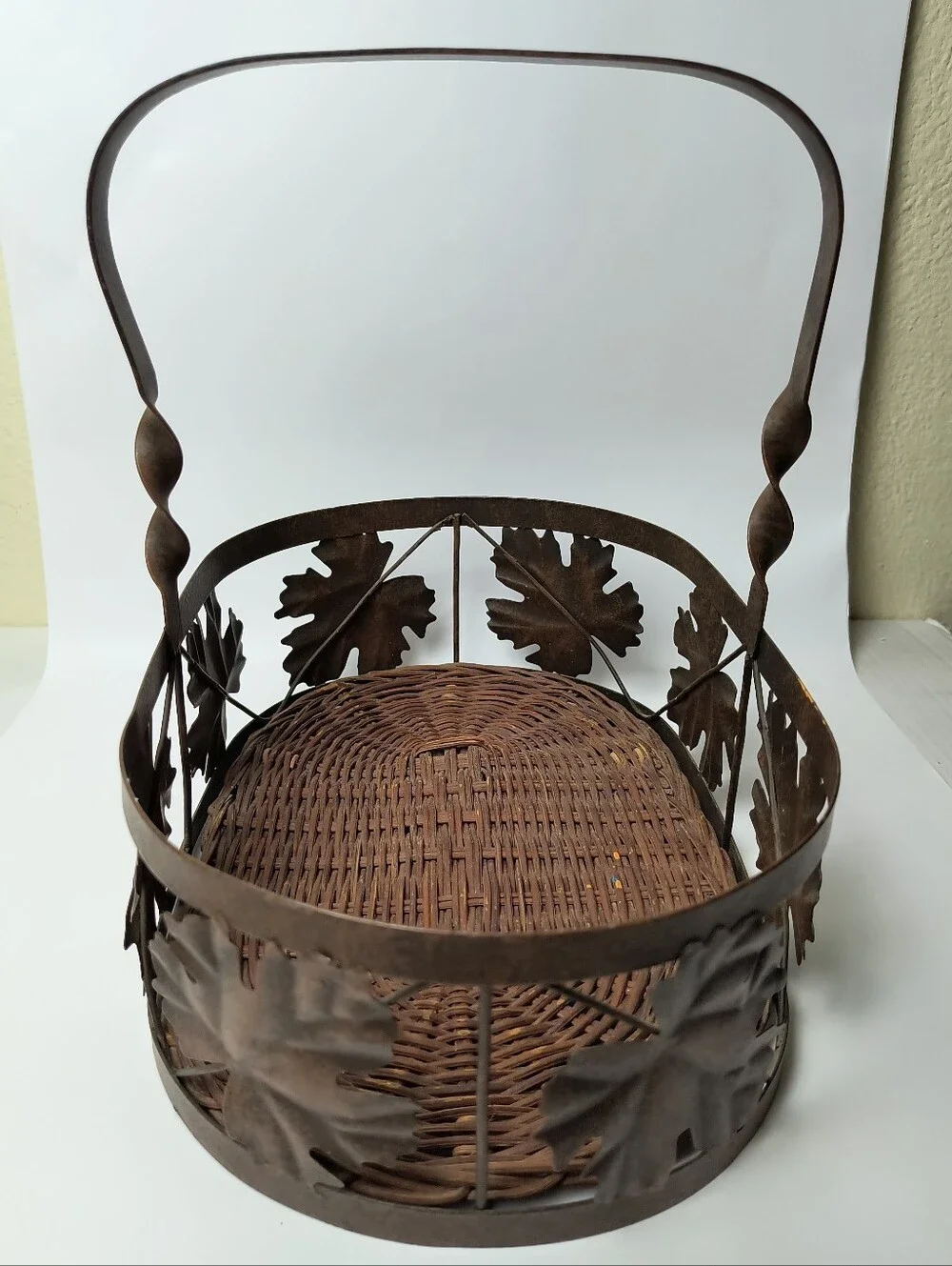 Rustic Brown Leaf Metal Basket with Handle - Farmhouse Centerpiece